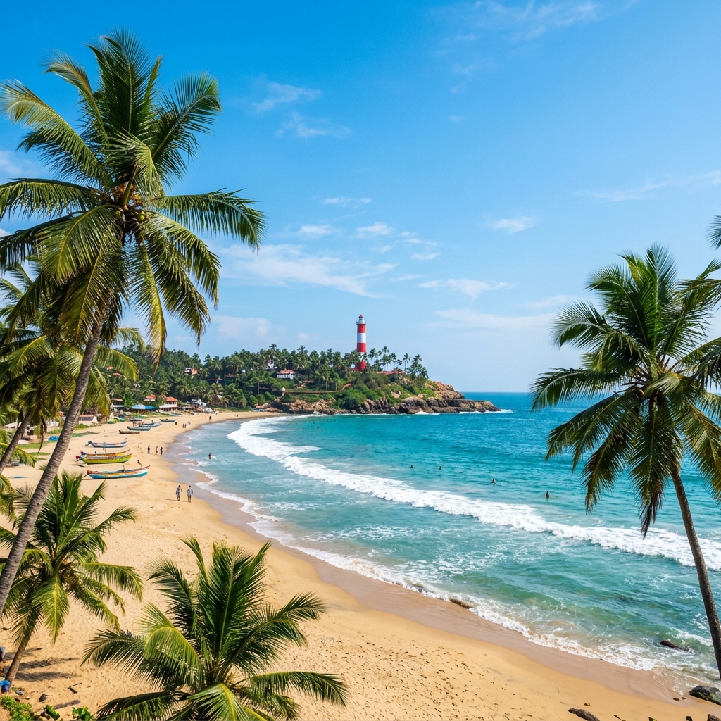Kovalam beach with lighthouse