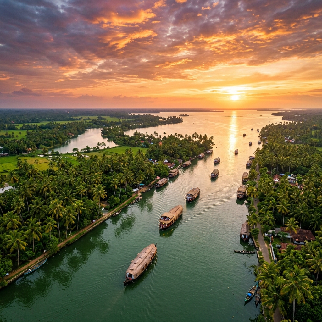 Kerala backwaters at golden hour